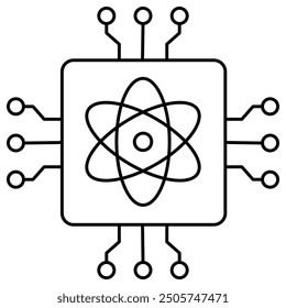 Ein Symbol, das die Quantenberechnung mit einem Atom-Symbol und einer Platine veranschaulicht und Quantenalgorithmen, Kryptographie, KI-Beschleunigung und fortgeschrittene wissenschaftliche Forschung hervorhebt.