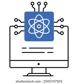 An icon illustrating quantum computing with a central atom symbol and circuit board, representing quantum algorithms, AI acceleration, cryptography, and advanced computing technology.