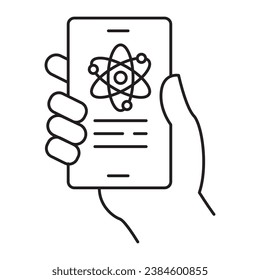 An icon illustrating a smartphone with a molecule icon on the screen, emphasizing chemistry, handheld scientific tools, a mobile science app, and molecule visualization.