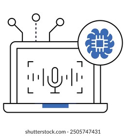 An icon illustrating voice recognition technology with a microphone and AI gear, emphasizing virtual assistants, smart homes, autonomous vehicles, and natural language processing.