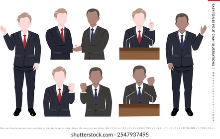 Ilustração de ícone de políticos americanos e estrangeiros em ternos que realizam eleições e apertando mãos_Personagem político masculino set_Can também ser usado em cenas de negócios