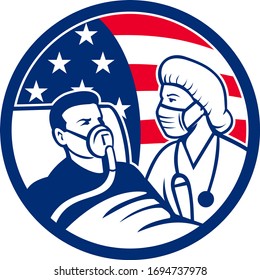 Icon illustration of an American nurse, medical doctor, healthcare professional wearing surgical mask caring for infectious COVID-19 coronavirus patient with USA stars and stripes flag in retro style.