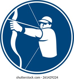 Icon illustration of an archer with bow and arrow aiming set inside circle on isolated background done in retro style.