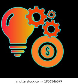 icon illustration arrangement mind pattern ideas to reach financial target. The light bulb symbol, the setting gear and the bright orange coin