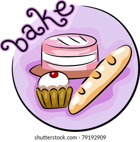 Icon Illustration of a Baking Icon Featuring a Cake, a Cupcake, and a Piece of Bread