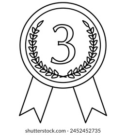 Icon illustration of a broken line Drawing Third Place medal with a ribbon.