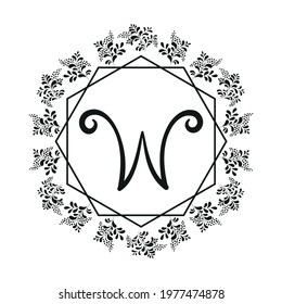 Icon illustration with capital letter and floral frame and geometric frame, conceptual icon for letter and paper or holiday invitation