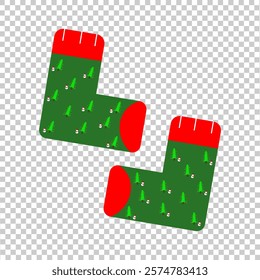 icon illustration of Christmas socks with a Christmas tree and snowman pattern in dark green