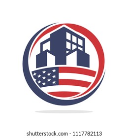 icon illustration conceptualizing the development of property construction business, with the spirit of American nationality.