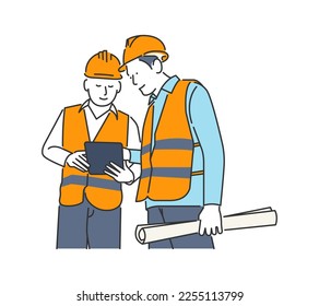 Icon illustration of construction worker discussing with tablet