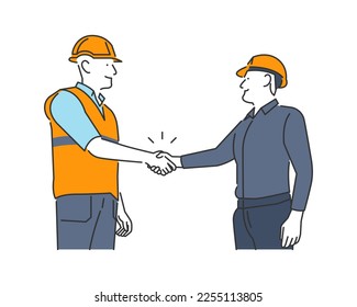 Icon illustration of a construction worker shaking hands with a foreman