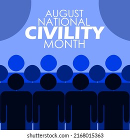 Icon illustration of crowded people gathering standing with bold text on blue background, National Civility Month August