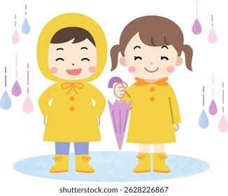 Ilustração de ícone de crianças bonitas usando capas de chuva em um dia chuvoso