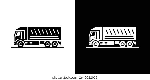 Icon illustration displays a simplified truck on both black and white backgrounds, the cargo container has distinctive lines inside. The background is split.