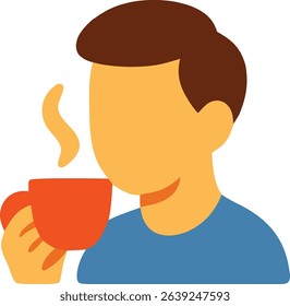 Icon Illustration of a faceless person with brown hair enjoying a steaming cup of coffee or tea in a relaxed setting, vector format