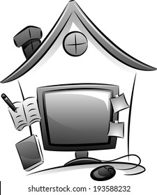 Icon Illustration Featuring a Computer Monitor and a Miniature House Depicting a Home-based Job