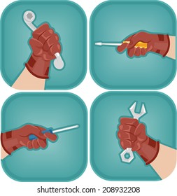 Icon Illustration Featuring Cropped Hands Holding Different Tools