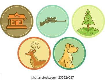 Ilustración de iconos con diferentes elementos normalmente asociados a la caza