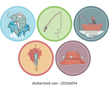 Symbolillustration mit verschiedenen Elementen, die typisch für die Fischerei sind