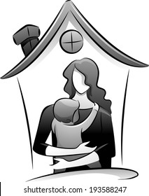 Icon Illustration Featuring the Outlines of a Babysitter and a Child Drawn in Black and White