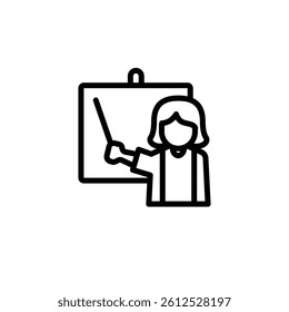 Icon illustration of a figure presenting something on a board with a pointer stick Useful for education or instruction related content creation.