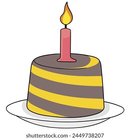 Icon illustration in flat colors, birthday party cake with burning candles on top