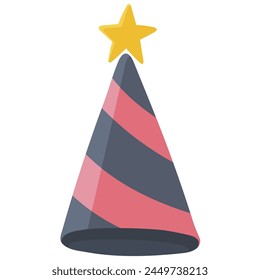 Icon illustration in flat colors, Birthday hat with star tip and striped pattern