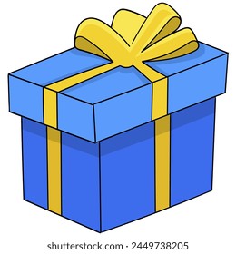 Icon illustration in flat colors, blue gift box with yellow ribbon for a festive birthday surprise
