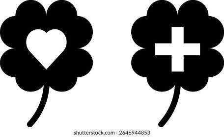 Icon illustration of a four-leaf clover with a heart and a cross