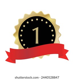 Icon illustration of a glittering gold medal with ribbon.