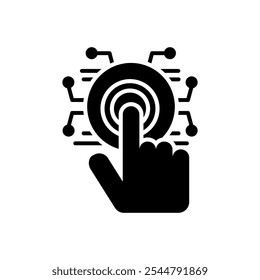 ícone Ilustração de mão apontando para círculos interconectados, ideal para apresentar visualmente relacionamentos, conexões de rede, visualização de dados ou conceitos de comunicação.