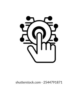 Icono Ilustración de la mano apuntando a círculos interconectados, ideal para presentar visualmente relaciones, conexiones de red, visualización de datos o conceptos de comunicación.