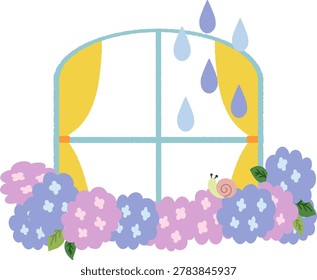 Icon illustration of hydrangeas wet with rain and a window