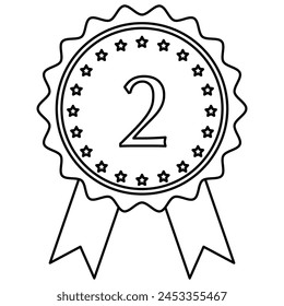 Icon illustration of a line drawing second place medal with a ribbon.