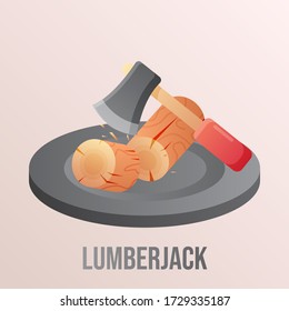 icon illustration of a lumberjack cutting wood with an ax, hunting tree in forrest, logo design retro