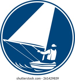 Icon illustration of a man in a sail boat sailing yachting viewed from rear set inside circle on isolated background done in retro style.