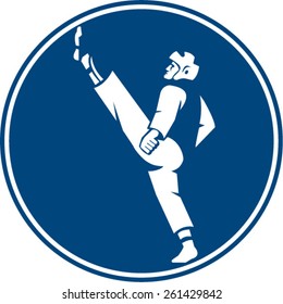 Icon illustration of a man in taekwondo fighter kicking stance viewed from side set inside circle on isolated background done in retro style.