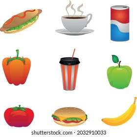 ilustración de icono de productos vectoriales 9 y alimentos café combinado y manzana de hamburguesa