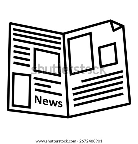 Icon Illustration of an open newspaper with text blocks and images, featuring the word "News" on one page. Design vector symbol.