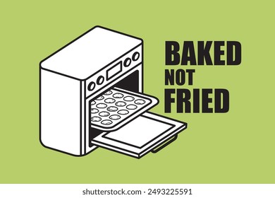 Ilustración del icono de un horno o microondas horneando papas fritas con texto No fritas al horno etiqueta de la etiqueta engomada