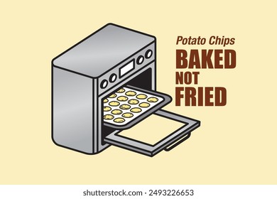 Icon illustration of an oven or microwave baking potato chips with text Baked not fried sticker label