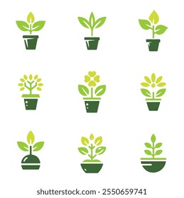 Icon illustration of plants in pots with various green variations