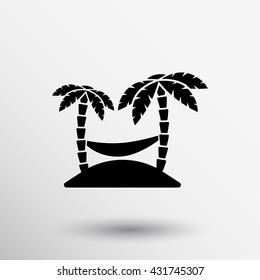  icon illustration relaxing hammock between two palm trees on white background