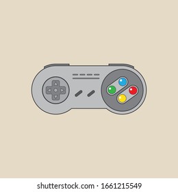 Icon illustration of a retro game controller with colored buttons for a game console on the background