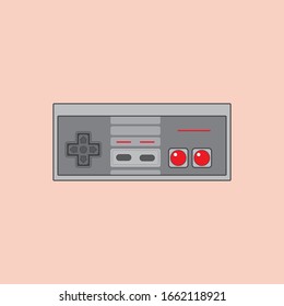Icon illustration of a retro game controller with colored buttons for a game console on the background 