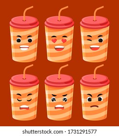 icon illustration a set of drink with different emotion, for watching movies, Beverage cute character