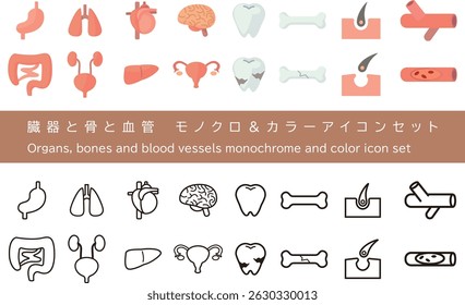 Ilustração de ícone conjunto de órgãos internos, como cérebro, coração, estômago e ossos, cor e monocromático