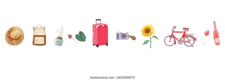 Icon illustration set vector images of various fashionable travel goods, sunflowers and hats.