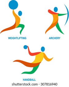 Icon illustration showing athlete playing the sport of weightlifting, archery and handball. 