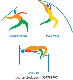 Icon illustration showing athlete playing the sport of track and field, javelin throw, pole vault, high jump. 